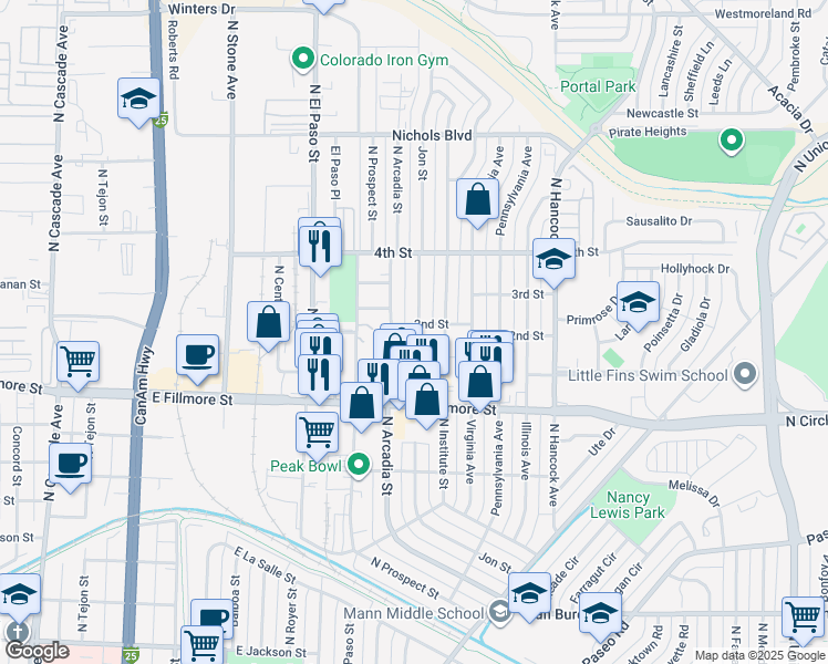 map of restaurants, bars, coffee shops, grocery stores, and more near 3105 North Arcadia Street in Colorado Springs