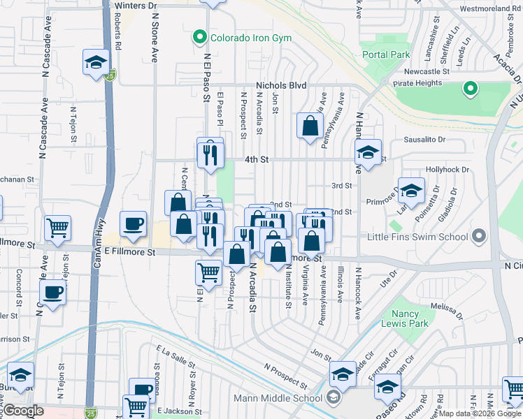 map of restaurants, bars, coffee shops, grocery stores, and more near 3105 North Arcadia Street in Colorado Springs