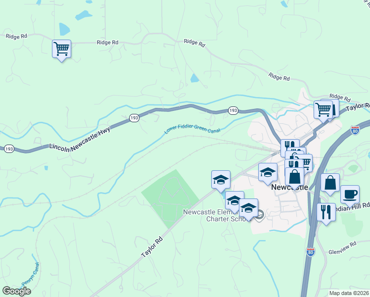 map of restaurants, bars, coffee shops, grocery stores, and more near in Newcastle