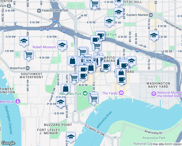 map of restaurants, bars, coffee shops, grocery stores, and more near 101 Independence Avenue Southeast in Washington