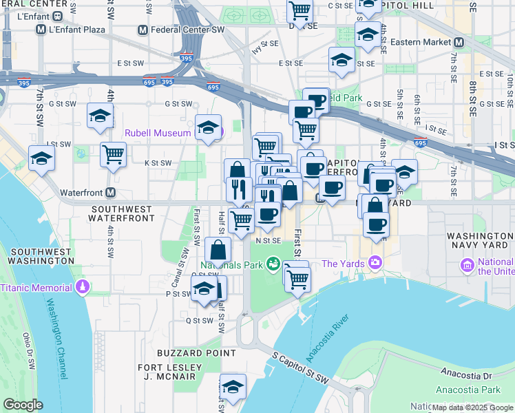 map of restaurants, bars, coffee shops, grocery stores, and more near 101 Independence Avenue Southeast in Washington