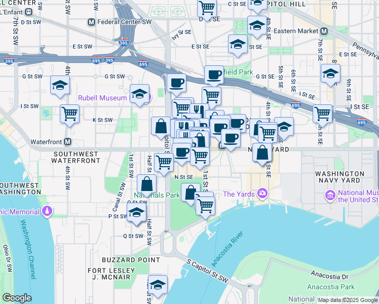 map of restaurants, bars, coffee shops, grocery stores, and more near 55 M Street Southeast in Washington
