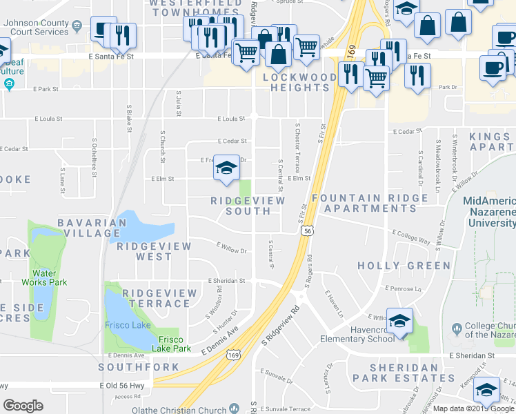 map of restaurants, bars, coffee shops, grocery stores, and more near 508 South Ridgeview Road in Olathe
