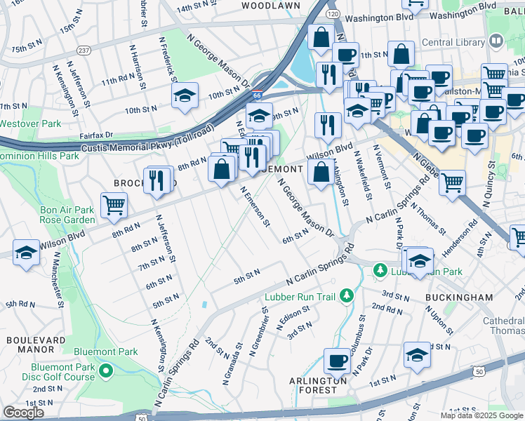 map of restaurants, bars, coffee shops, grocery stores, and more near 717 North Emerson Street in Arlington
