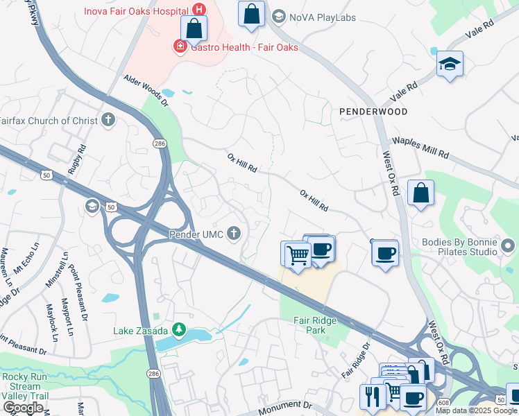 map of restaurants, bars, coffee shops, grocery stores, and more near 12458 Sweet Leaf Terrace in Fairfax