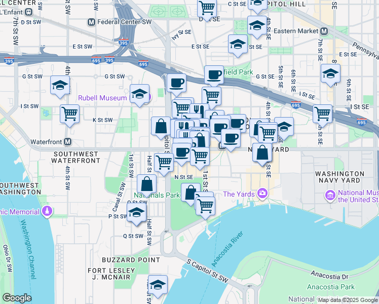 map of restaurants, bars, coffee shops, grocery stores, and more near 1201 Half Street Southeast in Washington