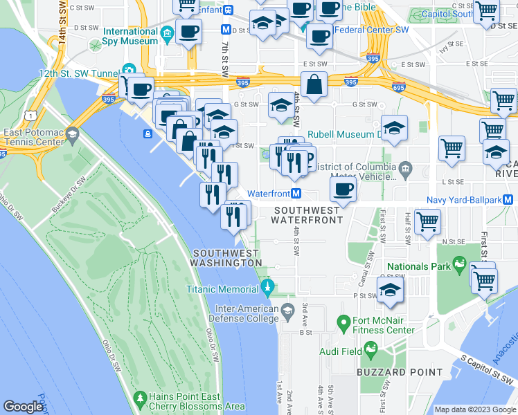 map of restaurants, bars, coffee shops, grocery stores, and more near 1252 6th Street Southwest in Washington