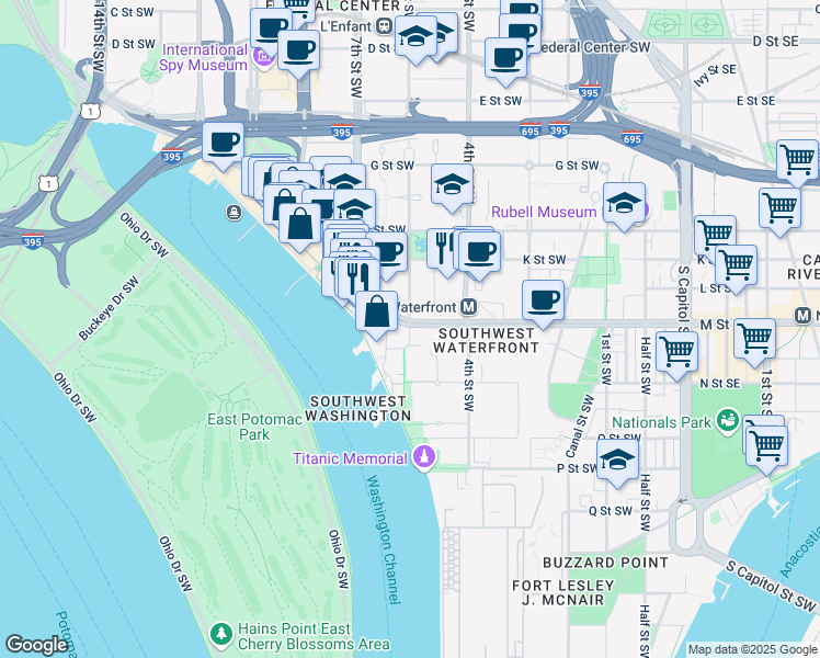 map of restaurants, bars, coffee shops, grocery stores, and more near 1252 6th Street Southwest in Washington