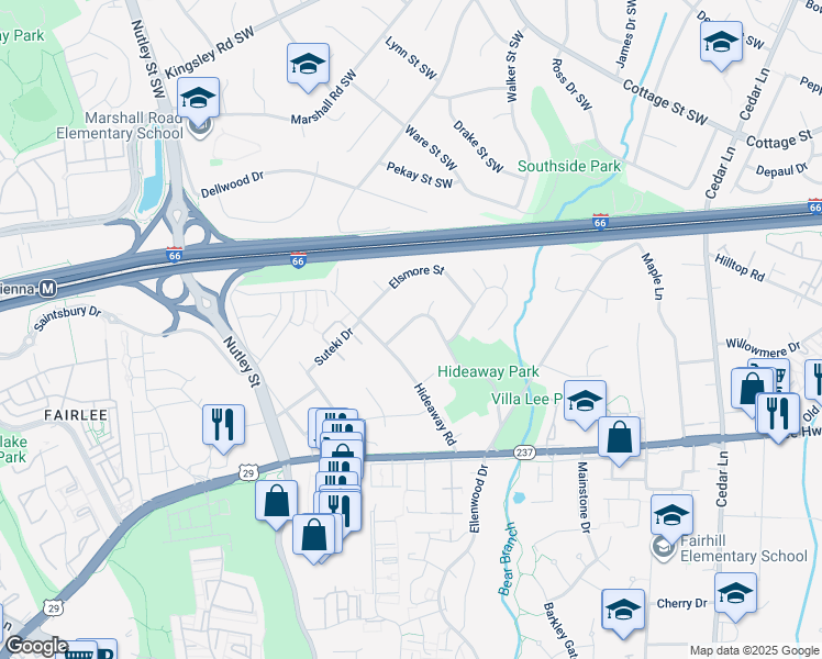 map of restaurants, bars, coffee shops, grocery stores, and more near 2866 Glenvale Drive in Fairfax