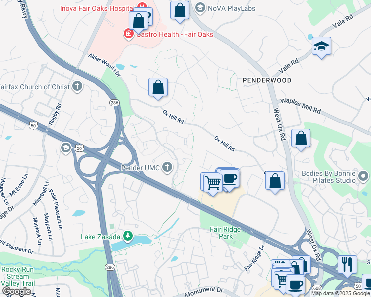 map of restaurants, bars, coffee shops, grocery stores, and more near 12458 Sweet Leaf Terrace in Fairfax