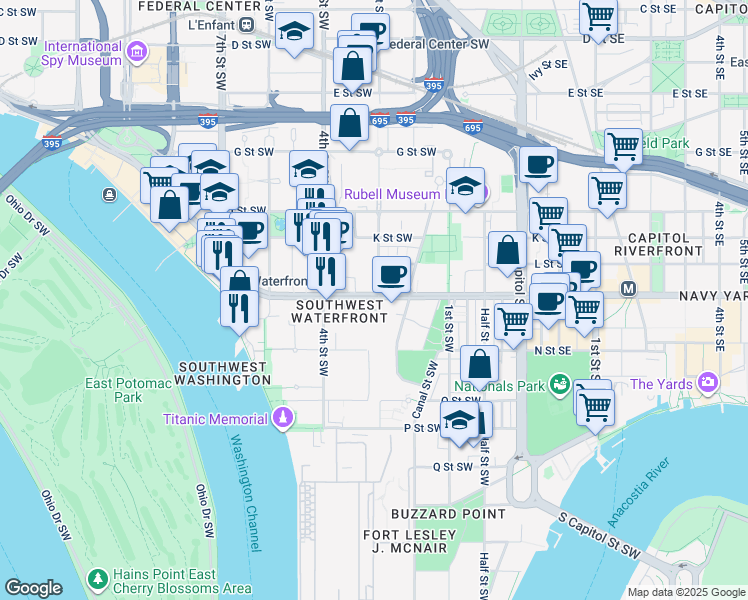 map of restaurants, bars, coffee shops, grocery stores, and more near 240 M Street Southwest in Washington