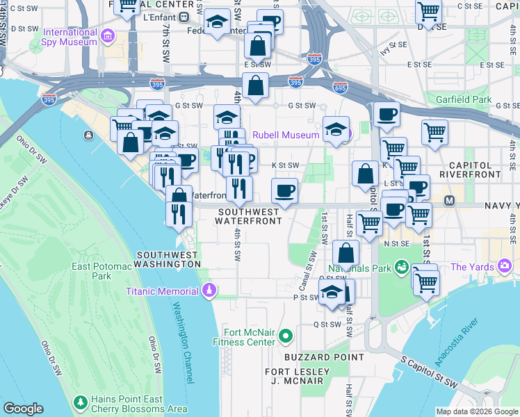 map of restaurants, bars, coffee shops, grocery stores, and more near 101 Independence Avenue Southeast in Washington