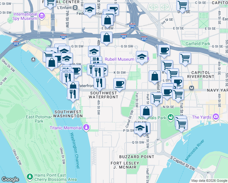 map of restaurants, bars, coffee shops, grocery stores, and more near 101 Independence Avenue Southeast in Washington