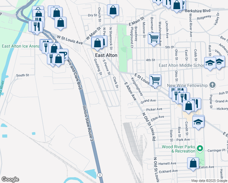 map of restaurants, bars, coffee shops, grocery stores, and more near 209 West Mccasland Avenue in East Alton