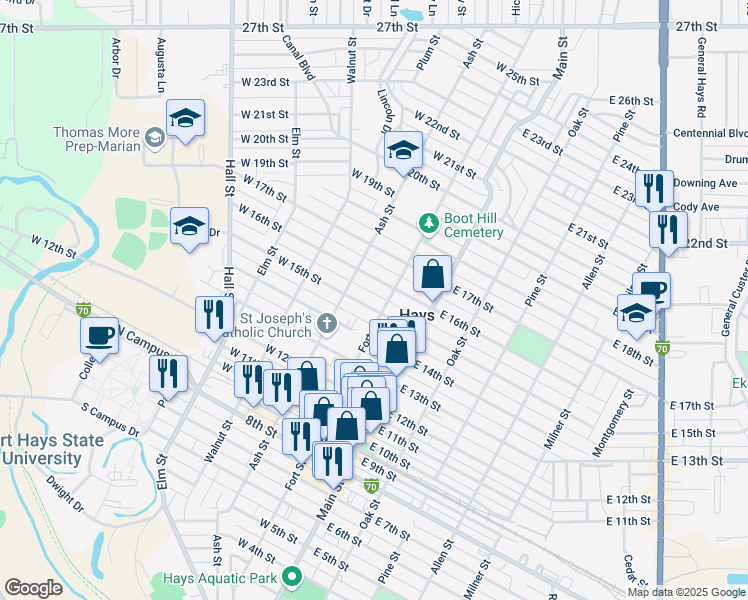 map of restaurants, bars, coffee shops, grocery stores, and more near 200-298 W 16th St in Hays