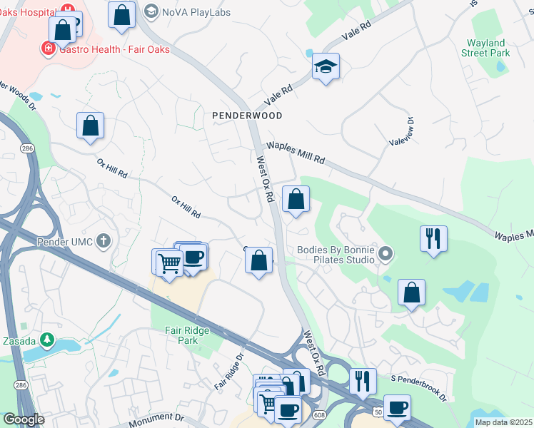 map of restaurants, bars, coffee shops, grocery stores, and more near 12265 Harbor Town Circle in Fairfax
