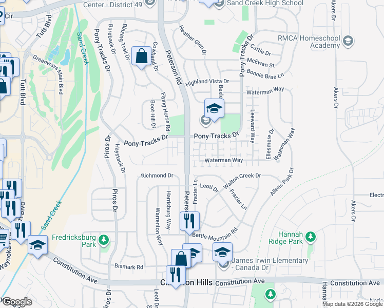 map of restaurants, bars, coffee shops, grocery stores, and more near 6820 Anchor Point in Colorado Springs