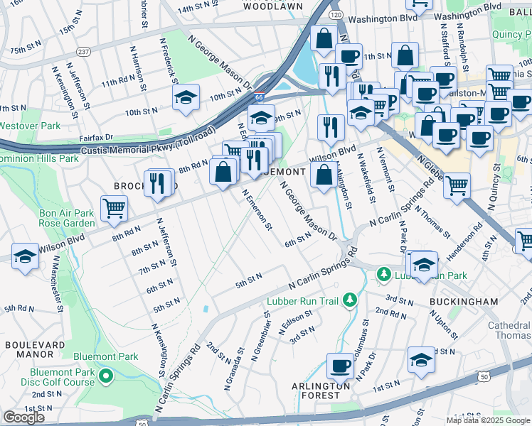 map of restaurants, bars, coffee shops, grocery stores, and more near 717 North Emerson Street in Arlington