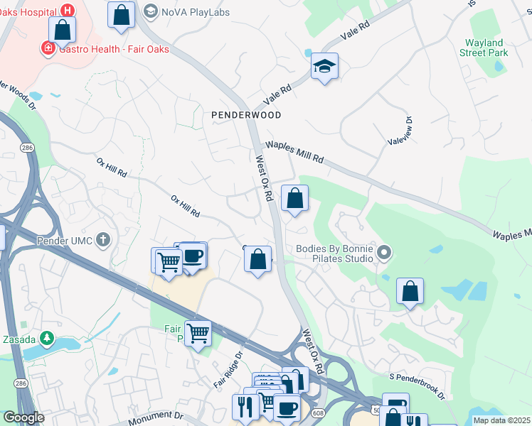 map of restaurants, bars, coffee shops, grocery stores, and more near 12265 Harbor Town Circle in Fairfax