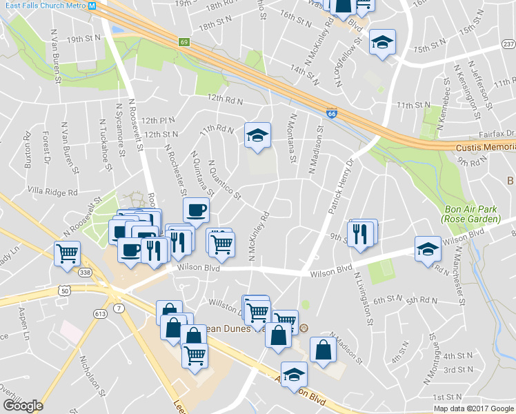 map of restaurants, bars, coffee shops, grocery stores, and more near 901 North Nottingham Street in Arlington