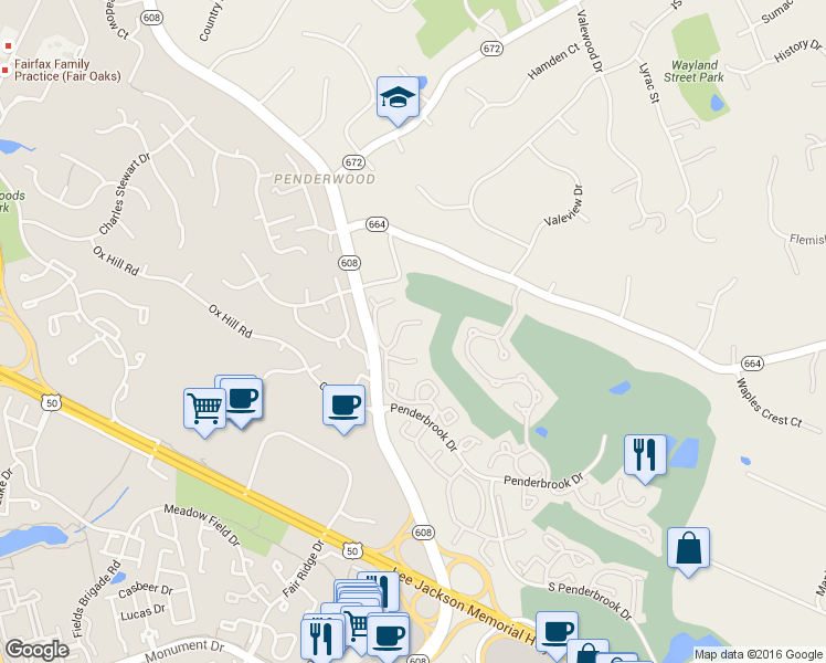 map of restaurants, bars, coffee shops, grocery stores, and more near 12131 Wedgeway Court in Fairfax