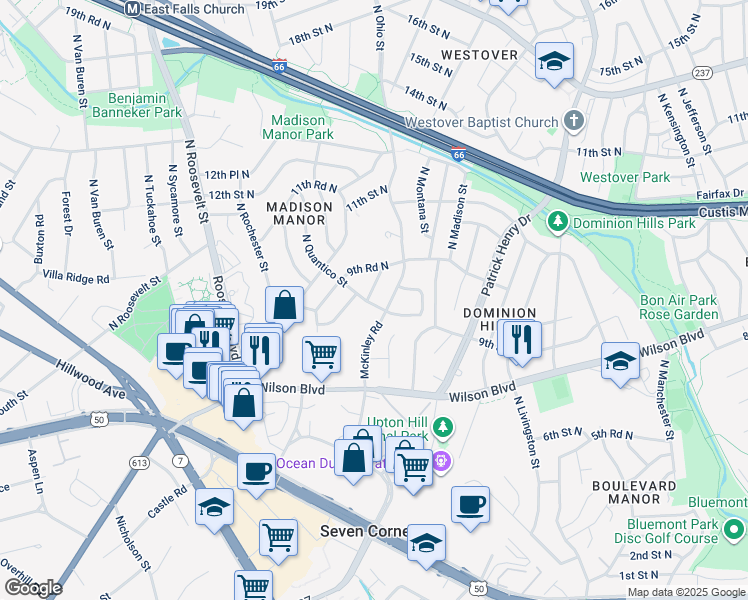 map of restaurants, bars, coffee shops, grocery stores, and more near 901 North Nottingham Street in Arlington