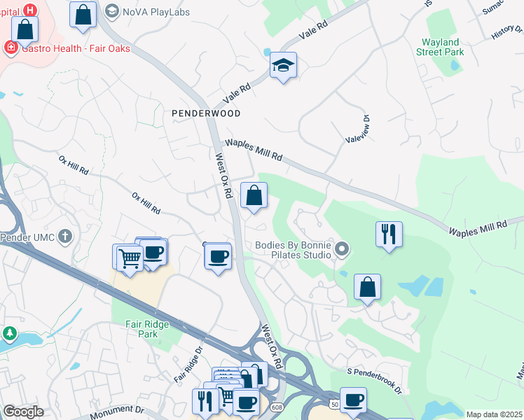 map of restaurants, bars, coffee shops, grocery stores, and more near 12131 Wedgeway Court in Fairfax