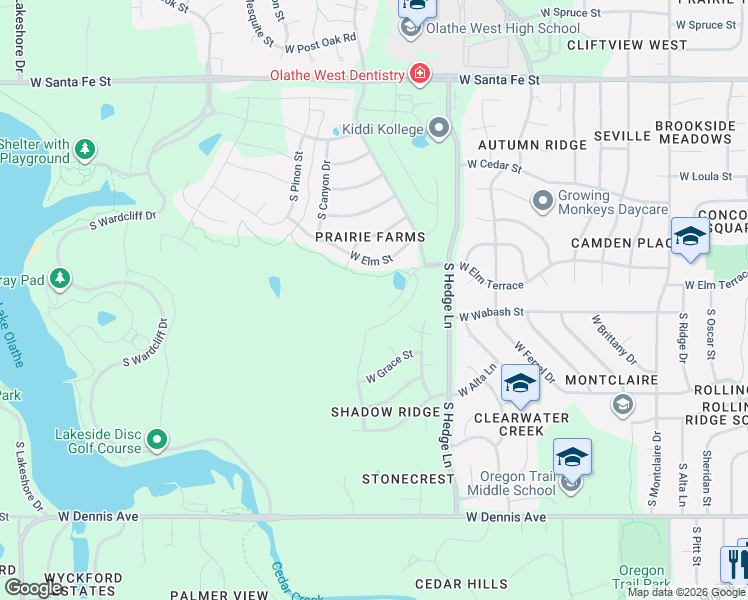 map of restaurants, bars, coffee shops, grocery stores, and more near 2283 West Wabash Street in Olathe