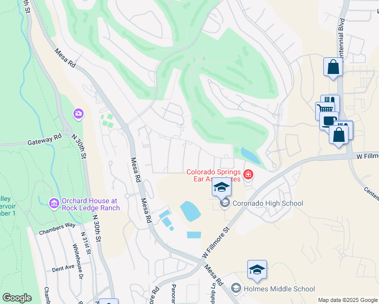 map of restaurants, bars, coffee shops, grocery stores, and more near 3131 Rockbrook Lane in Colorado Springs