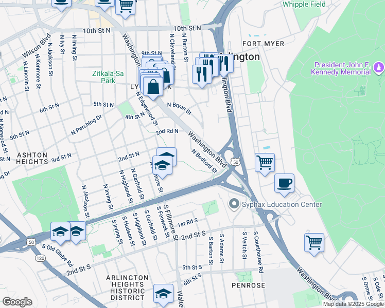 map of restaurants, bars, coffee shops, grocery stores, and more near 128 North Bedford Street in Arlington