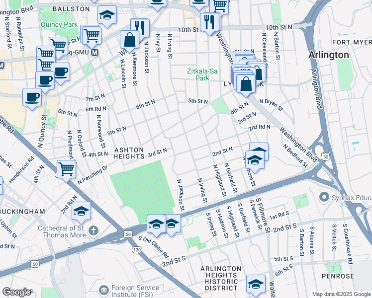 map of restaurants, bars, coffee shops, grocery stores, and more near 218 North Irving Street in Arlington