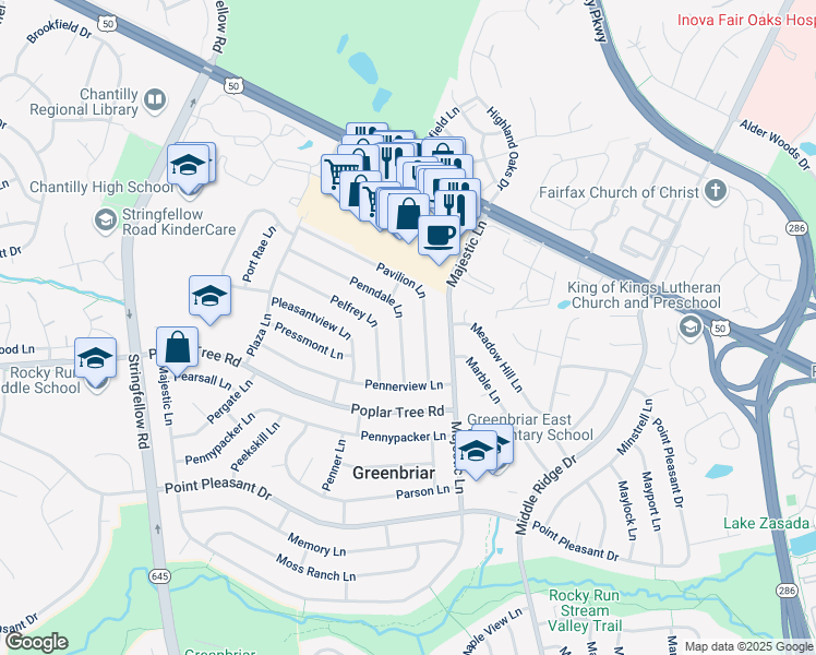 map of restaurants, bars, coffee shops, grocery stores, and more near 13114 Penndale Lane in Fairfax