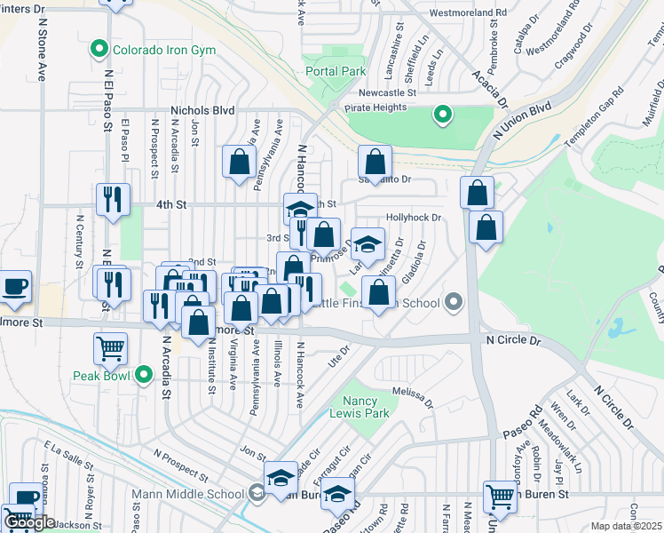 map of restaurants, bars, coffee shops, grocery stores, and more near in Colorado Springs