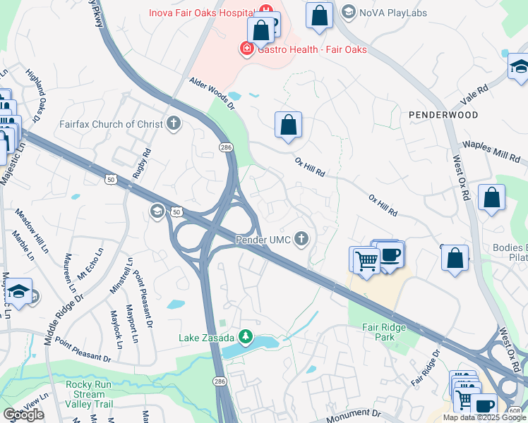 map of restaurants, bars, coffee shops, grocery stores, and more near 3878 Mohr Oak Court in Fairfax