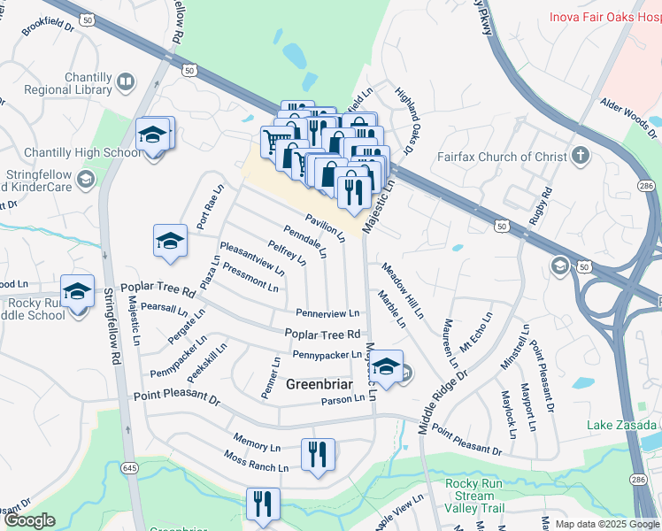 map of restaurants, bars, coffee shops, grocery stores, and more near 13114 Penndale Lane in Fairfax