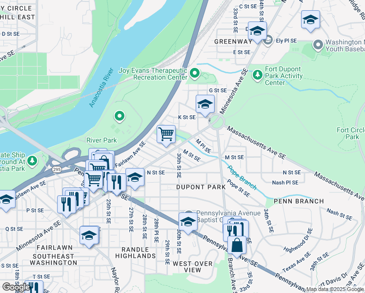 map of restaurants, bars, coffee shops, grocery stores, and more near 3000 M Street Southeast in Washington