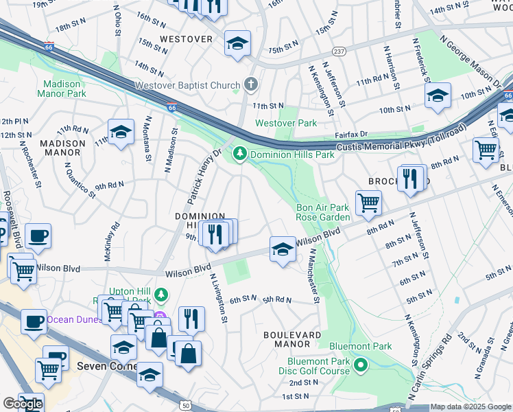 map of restaurants, bars, coffee shops, grocery stores, and more near 924 North Larrimore Street in Arlington
