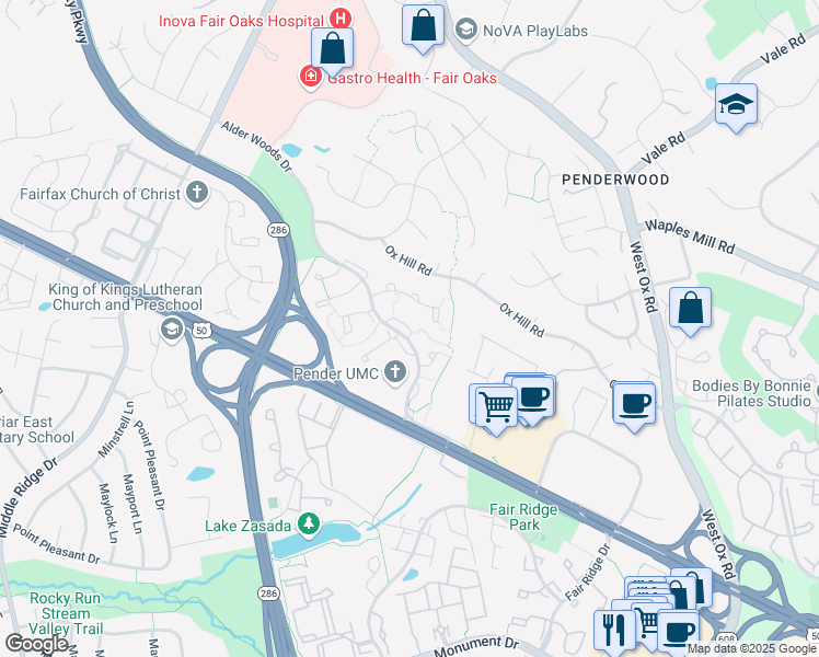 map of restaurants, bars, coffee shops, grocery stores, and more near 16933 Flatwood Circle in Fairfax