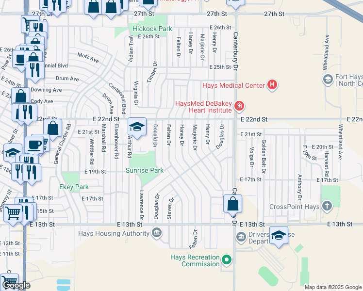 map of restaurants, bars, coffee shops, grocery stores, and more near 1710 Haney Drive in Hays