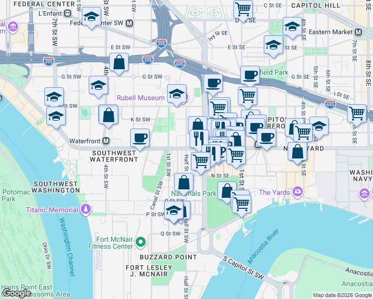 map of restaurants, bars, coffee shops, grocery stores, and more near 101 Independence Avenue Southeast in Washington