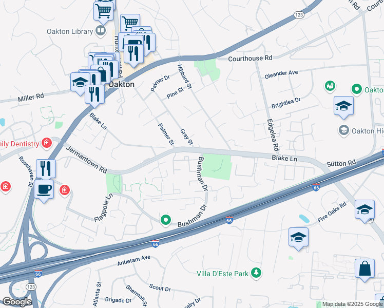 map of restaurants, bars, coffee shops, grocery stores, and more near 3110 Bradford Wood Court in Oakton