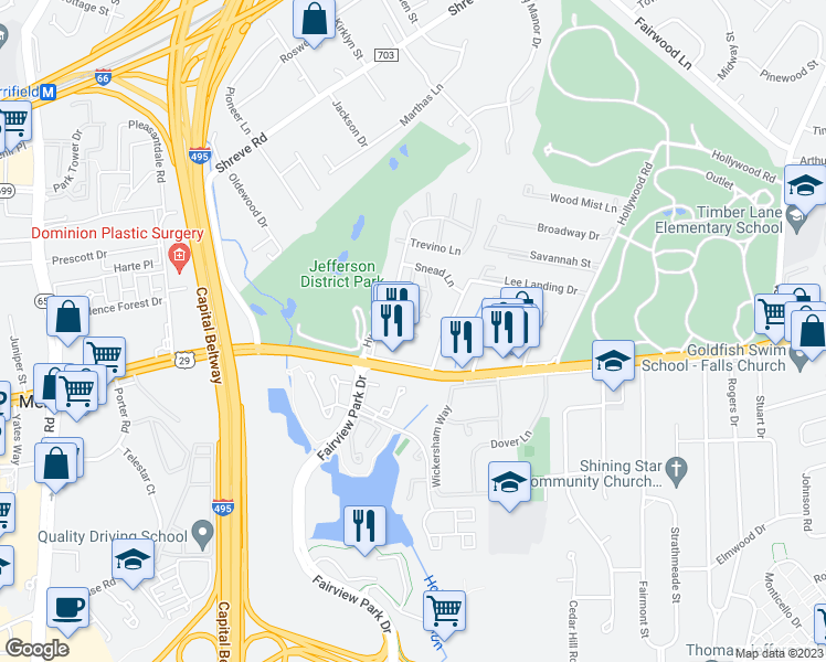 map of restaurants, bars, coffee shops, grocery stores, and more near 7806 Hyson Park Court in Falls Church
