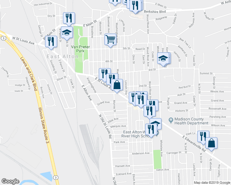 map of restaurants, bars, coffee shops, grocery stores, and more near East McCasland Avenue in East Alton