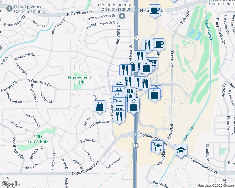 map of restaurants, bars, coffee shops, grocery stores, and more near 5710 S Carefree Cir in Colorado Springs