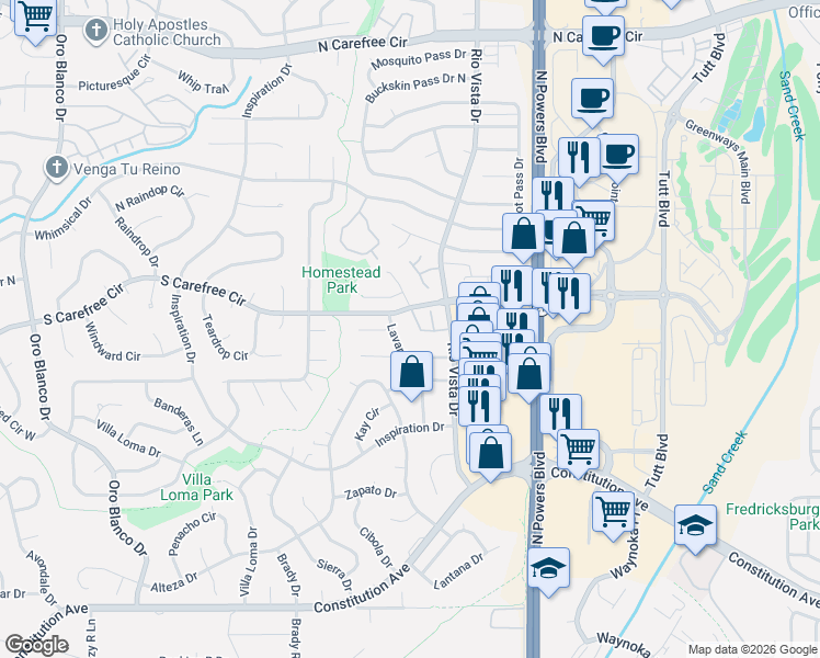 map of restaurants, bars, coffee shops, grocery stores, and more near 5469 Tennessee Pass Drive in Colorado Springs