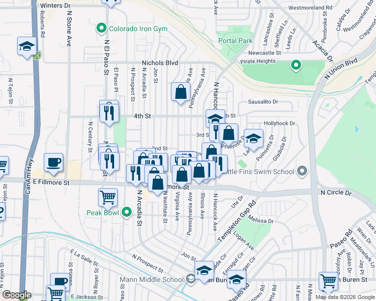 map of restaurants, bars, coffee shops, grocery stores, and more near 3115 Virginia Avenue in Colorado Springs