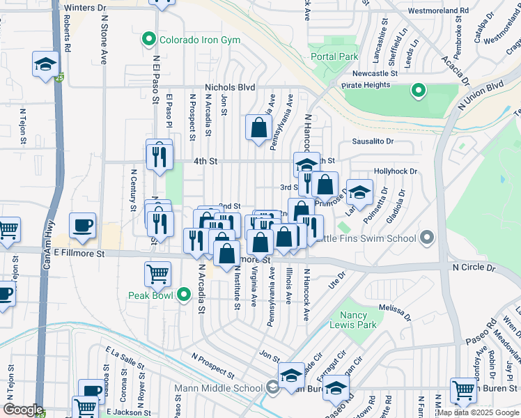 map of restaurants, bars, coffee shops, grocery stores, and more near 3115 Virginia Avenue in Colorado Springs