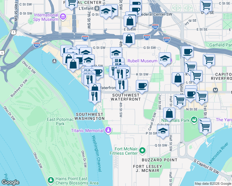 map of restaurants, bars, coffee shops, grocery stores, and more near 101 Independence Avenue Southeast in Washington