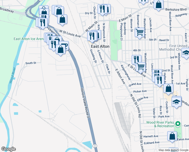 map of restaurants, bars, coffee shops, grocery stores, and more near 144 Victory Drive in East Alton
