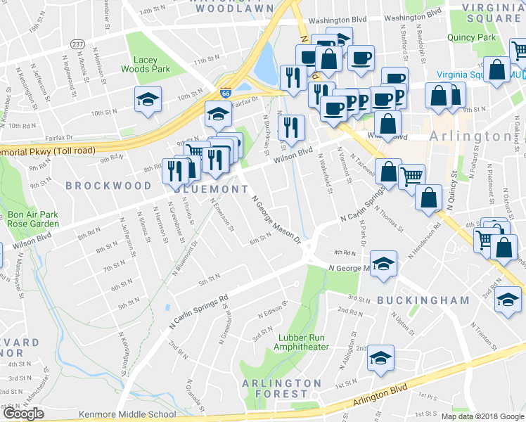 map of restaurants, bars, coffee shops, grocery stores, and more near N George Mason Dr & 7th St N in Arlington